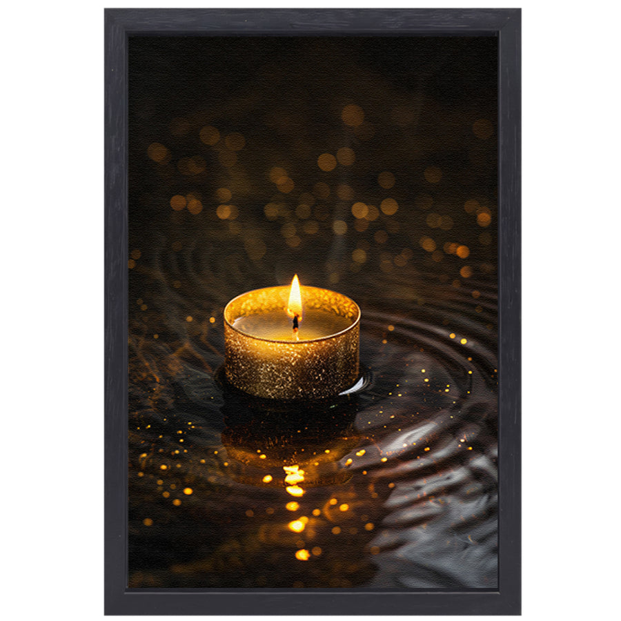 Gouden kaars reflectie op donker water canvas met baklijst
