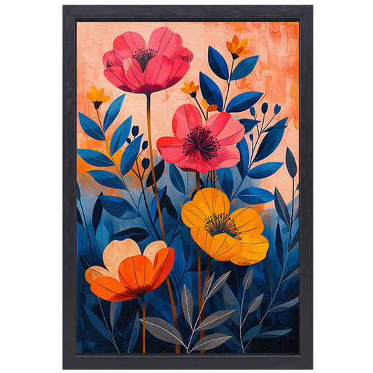 Moderne Kleurrijke Bloemenpracht op Levendige Achtergrond canvas met baklijst