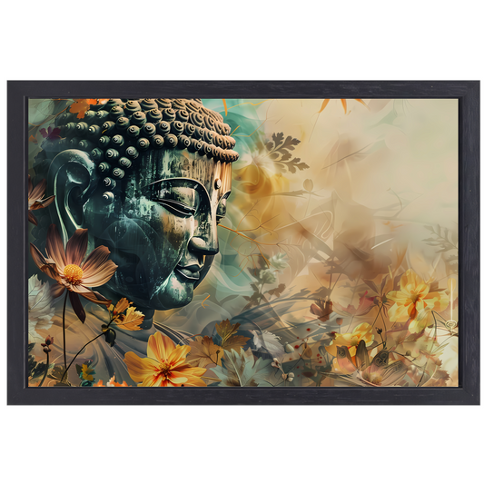 Serene Boeddha met Kleurrijke Bloemenzee canvas met baklijst