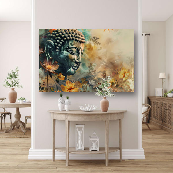 Serene Boeddha met Kleurrijke Bloemenzee canvas met baklijst
