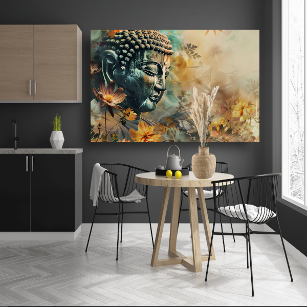 Serene Boeddha met Kleurrijke Bloemenzee canvas met baklijst