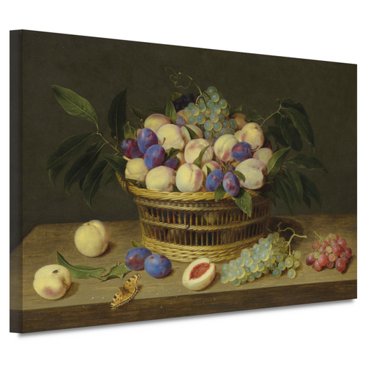 Perziken, pruimen en druiven in een rieten mand, met fruit en een vlinder op een houten tafel - Jacob van Hulsdonck canvas