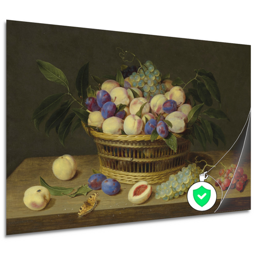 Perziken, pruimen en druiven in een rieten mand, met fruit en een vlinder op een houten tafel - Jacob van Hulsdonck poster