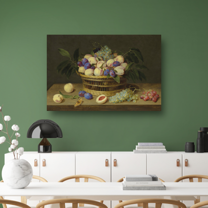 Perziken, pruimen en druiven in een rieten mand, met fruit en een vlinder op een houten tafel - Jacob van Hulsdonck poster