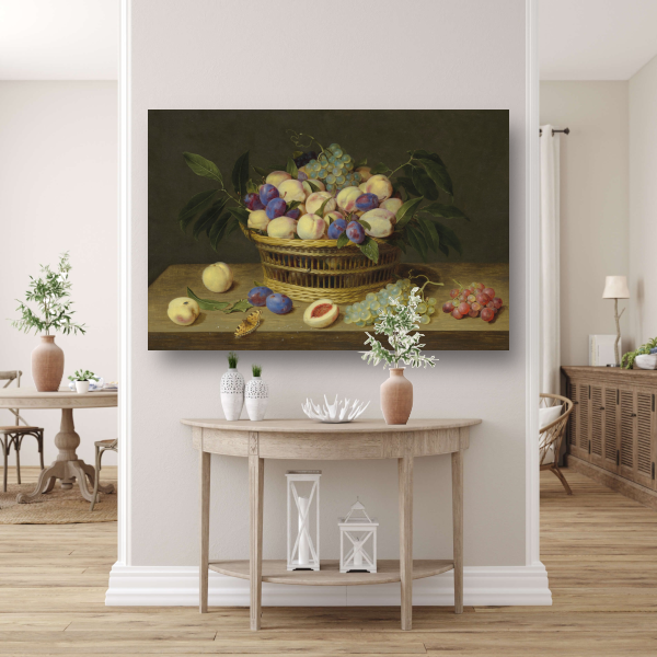 Perziken, pruimen en druiven in een rieten mand, met fruit en een vlinder op een houten tafel - Jacob van Hulsdonck poster