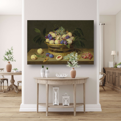 Perziken, pruimen en druiven in een rieten mand, met fruit en een vlinder op een houten tafel - Jacob van Hulsdonck poster