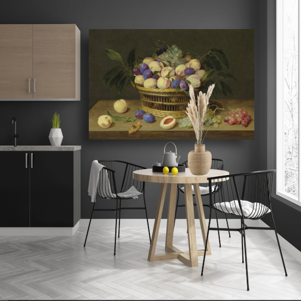 Perziken, pruimen en druiven in een rieten mand, met fruit en een vlinder op een houten tafel - Jacob van Hulsdonck poster