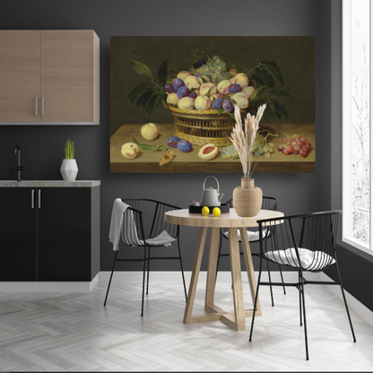 Perziken, pruimen en druiven in een rieten mand, met fruit en een vlinder op een houten tafel - Jacob van Hulsdonck poster