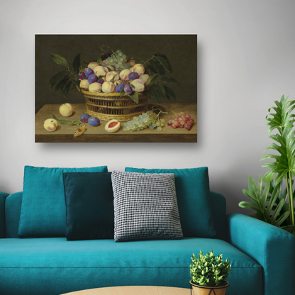 Perziken, pruimen en druiven in een rieten mand, met fruit en een vlinder op een houten tafel - Jacob van Hulsdonck poster