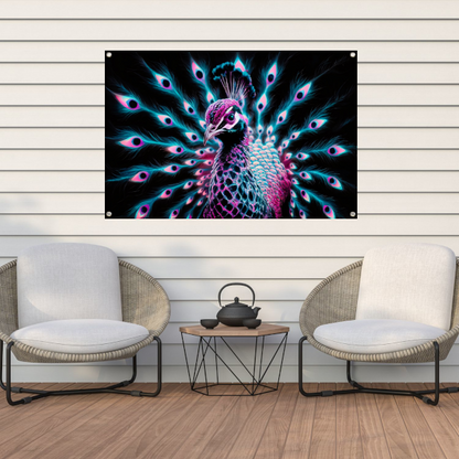 Digitale kunst van een kleurrijke pauw in neon tuinposter