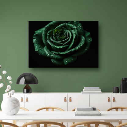 Donkergroene roos met dauw tegen zwart canvas