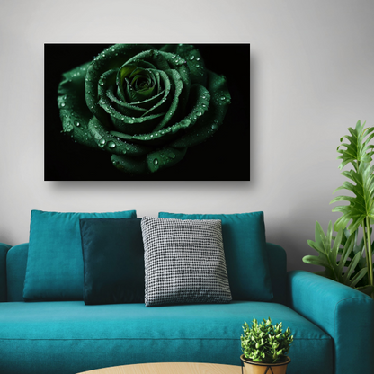 Donkergroene roos met dauw tegen zwart canvas