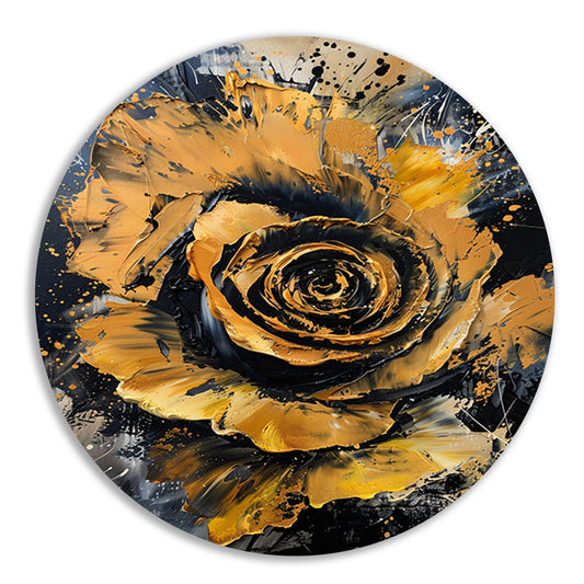 Dynamische abstracte roos in goud en zwart aluminium muurcirkel