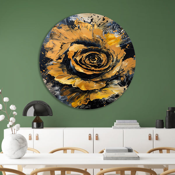 Dynamische abstracte roos in goud en zwart aluminium muurcirkel