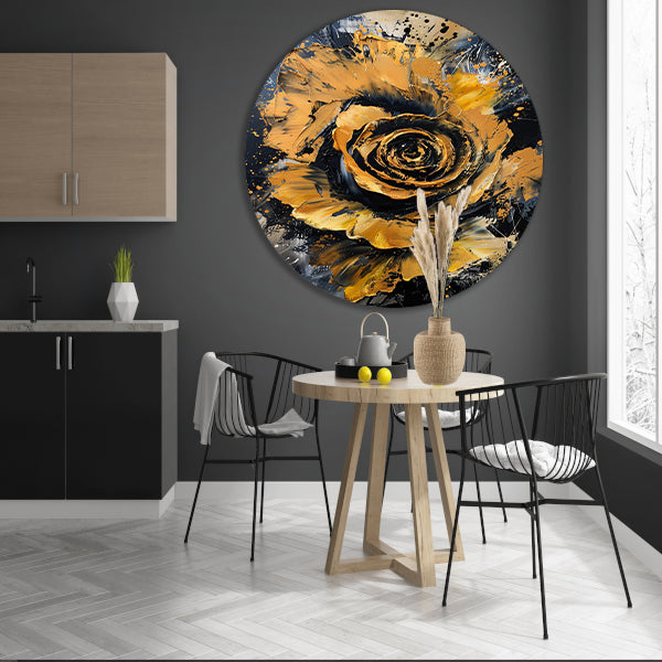 Dynamische abstracte roos in goud en zwart aluminium muurcirkel