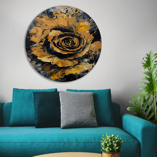 Dynamische abstracte roos in goud en zwart aluminium muurcirkel