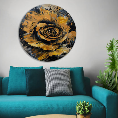 Dynamische abstracte roos in goud en zwart aluminium muurcirkel