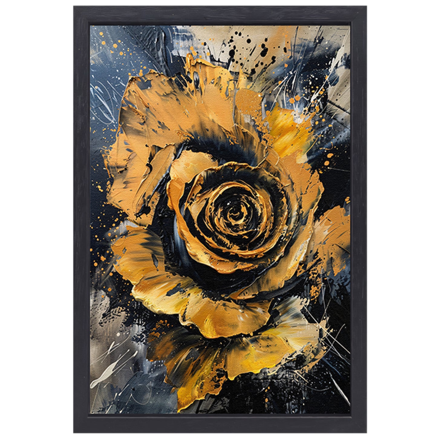 Dynamische abstracte roos in goud en zwart canvas met baklijst