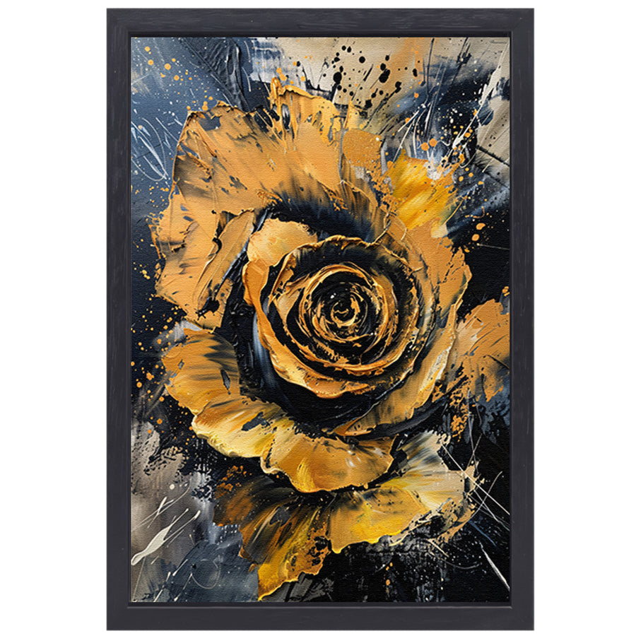 Dynamische abstracte roos in goud en zwart canvas met baklijst