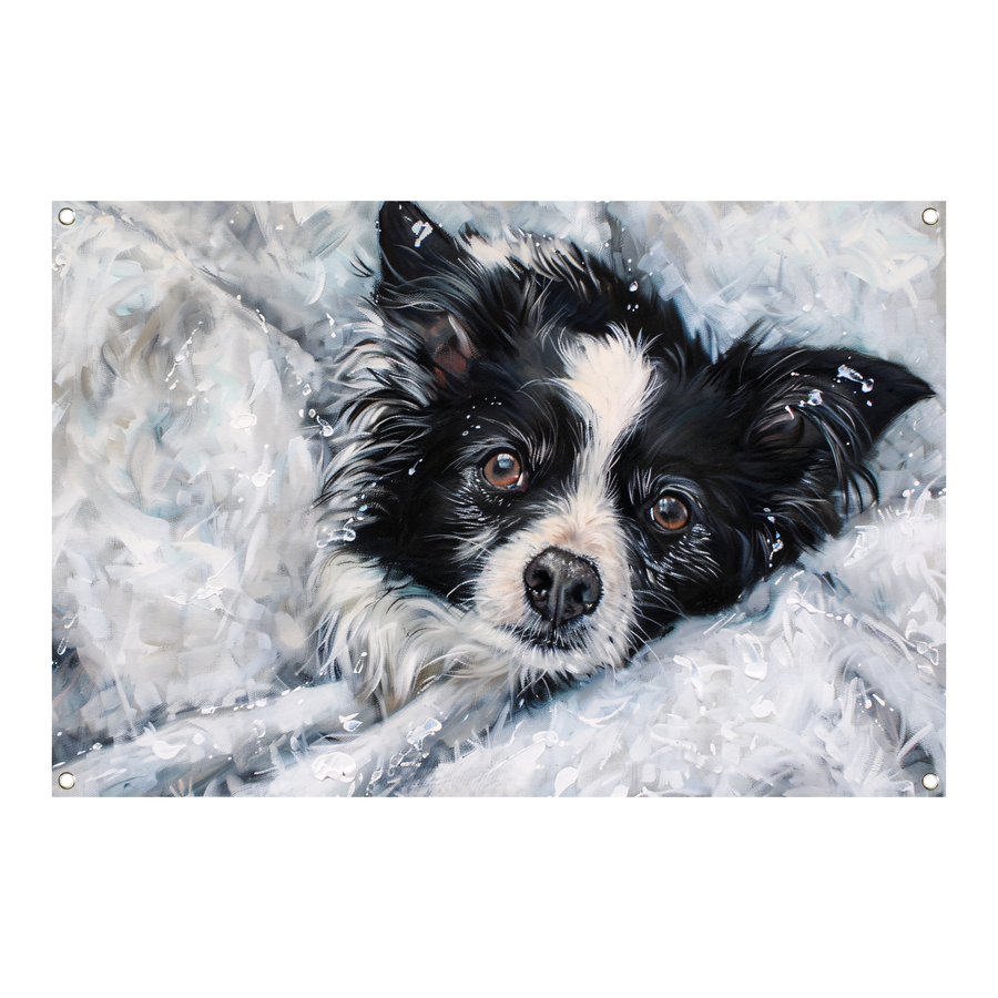 Realistisch schilderij van hond in de sneeuw tuinposter
