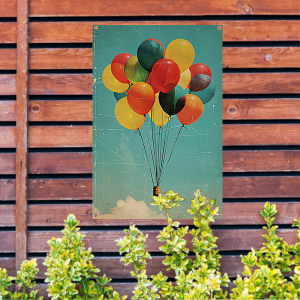 Kleurrijke ballonnen zweven door de lucht tuinposter