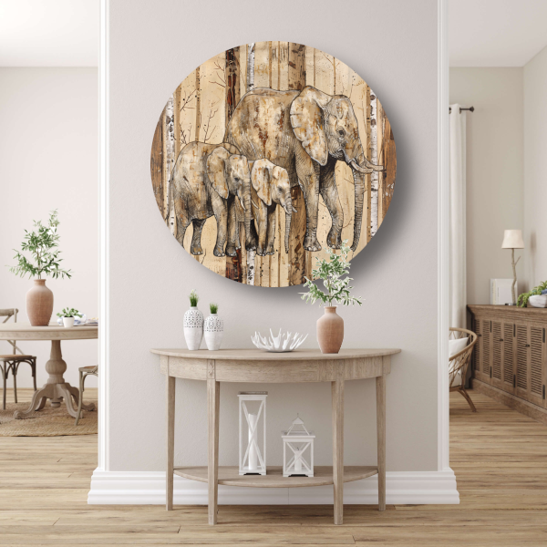 Sepia Olifanten Familie op Houttextuur forex muurcirkel