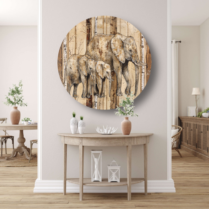Sepia Olifanten Familie op Houttextuur forex muurcirkel