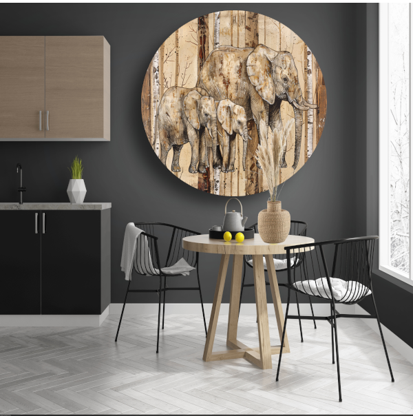 Sepia Olifanten Familie op Houttextuur forex muurcirkel