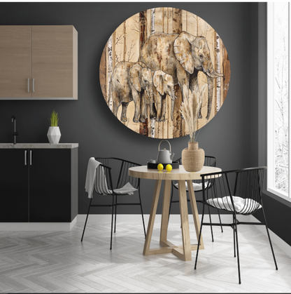 Sepia Olifanten Familie op Houttextuur forex muurcirkel