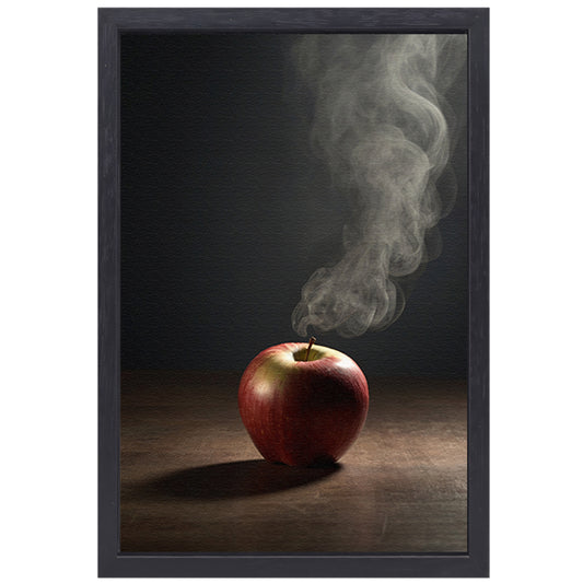 Rode appel en stijgende rook op tafel canvas met baklijst