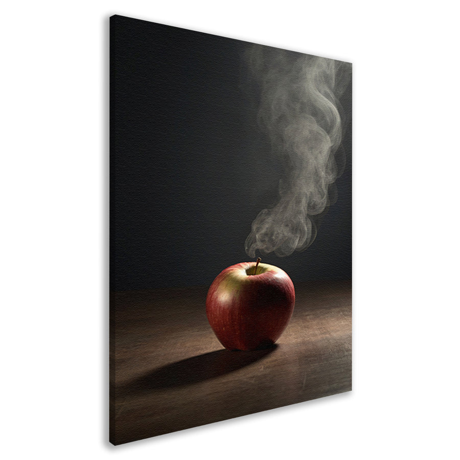 Rode appel en stijgende rook op tafel canvas