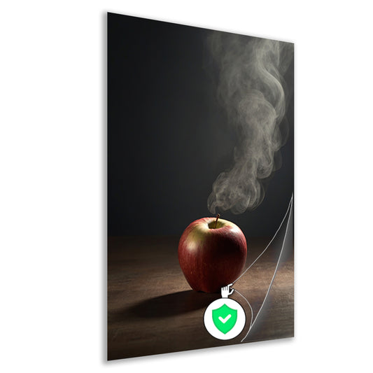 Rode appel en stijgende rook op tafel poster