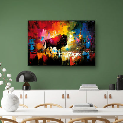 Abstracte schilderij van bison in kleurrijke stad poster