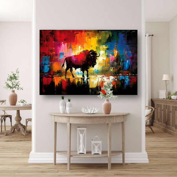 Abstracte schilderij van bison in kleurrijke stad poster