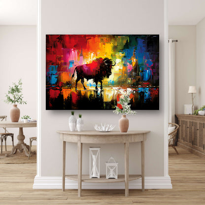 Abstracte schilderij van bison in kleurrijke stad poster