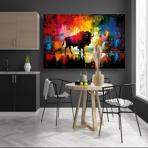 Abstracte schilderij van bison in kleurrijke stad poster