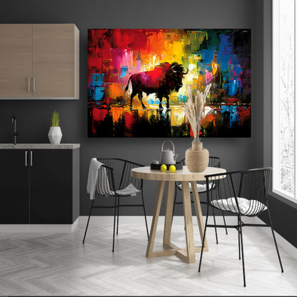 Abstracte schilderij van bison in kleurrijke stad poster