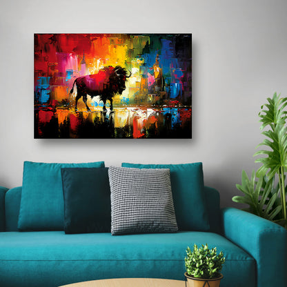 Abstracte schilderij van bison in kleurrijke stad poster