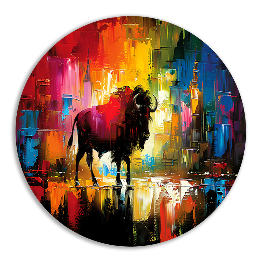 Abstracte schilderij van bison in kleurrijke stad aluminium muurcirkel