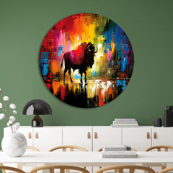 Abstracte schilderij van bison in kleurrijke stad forex muurcirkel