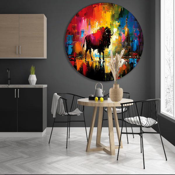 Abstracte schilderij van bison in kleurrijke stad forex muurcirkel