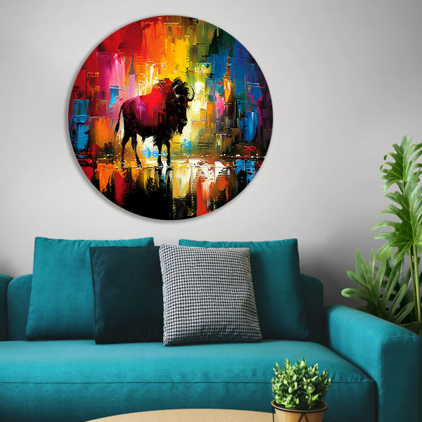 Abstracte schilderij van bison in kleurrijke stad forex muurcirkel