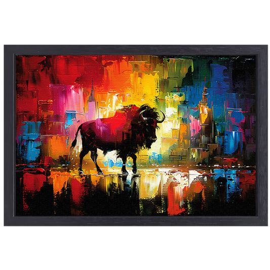 Abstracte schilderij van bison in kleurrijke stad canvas met baklijst