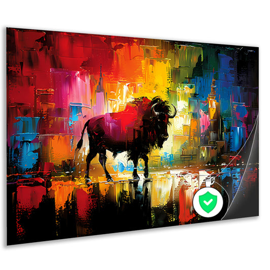 Abstracte schilderij van bison in kleurrijke stad poster