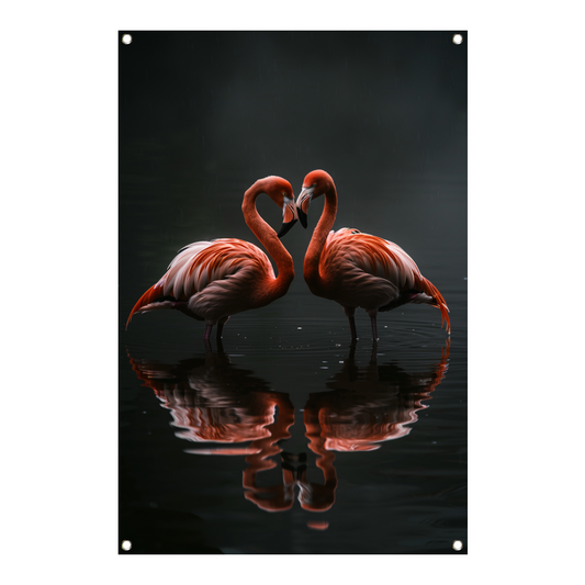 Twee flamingos en hun reflectie in water tuinposter