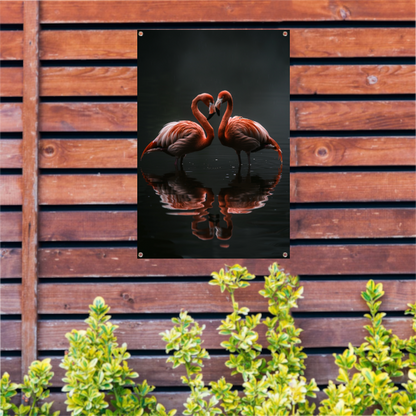 Twee flamingos en hun reflectie in water tuinposter