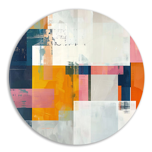 Abstract geometrisch schilderij met felle kleuren aluminium muurcirkel