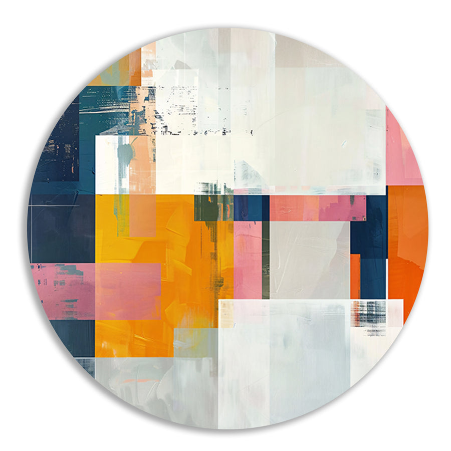 Abstract geometrisch schilderij met felle kleuren aluminium muurcirkel