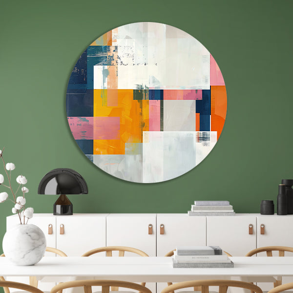 Abstract geometrisch schilderij met felle kleuren aluminium muurcirkel