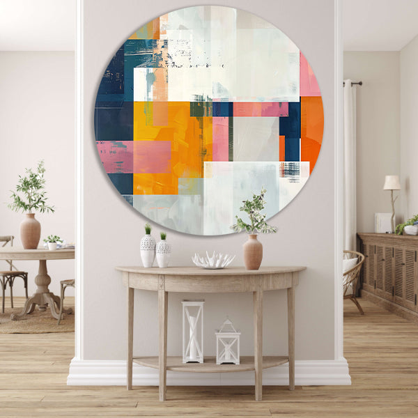 Abstract geometrisch schilderij met felle kleuren aluminium muurcirkel